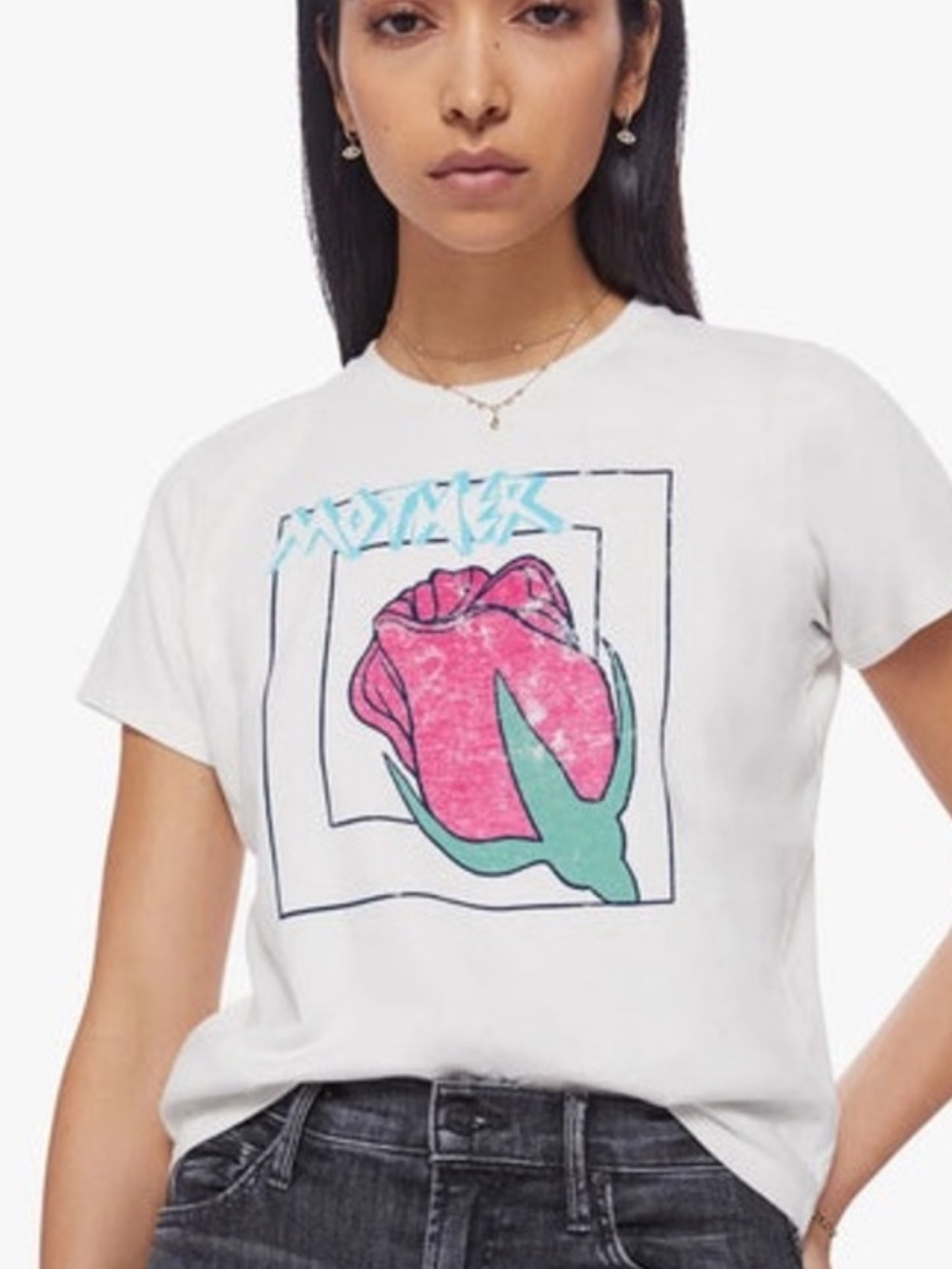 MOTHER White Graphic Tee with Pink Rose and Teal Leaf - Picture 4 of 5